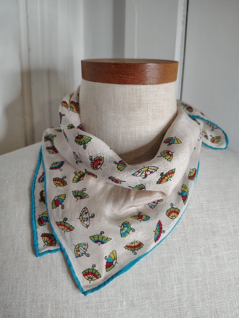 Vintage 1970s-1980s Umbrella Novelty Print Silk 18" Square Scarf